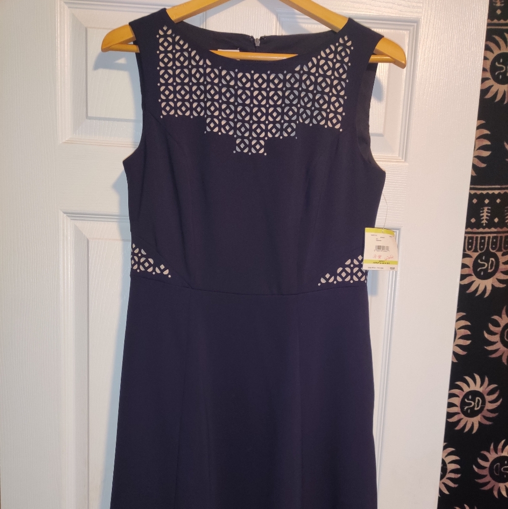 Navy Blue Geometric Cutout Sweetheart Neck Detail